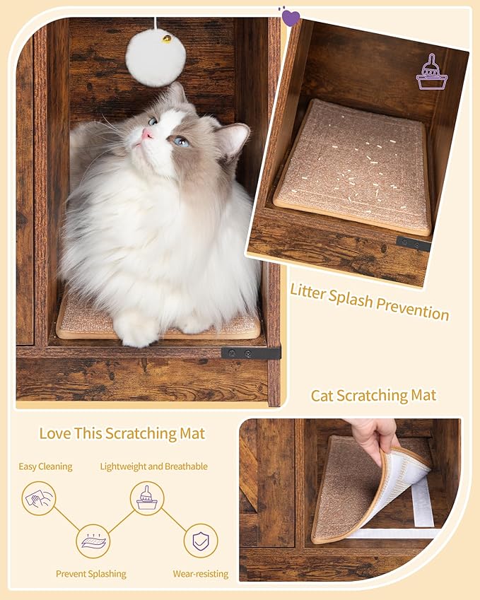 Cat Litter Box Enclosure, Hidden Litter Box Cabinet Furniture with Bell, Indoor Cats House, Farmhouse Style, 31.5 x 19.7 x 20.9Inches, for Hallway, Bedroom, Rustic Brown and Black CB82401X