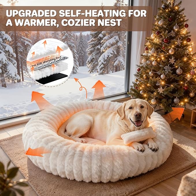 Self Warming Pet Bed, Donut Dog Bed for Large Dogs - Pet Bed with Removable Cover, Self-Heating Winter Pet Beds for Medium & Big Dogs, Egg Tart Design (L)