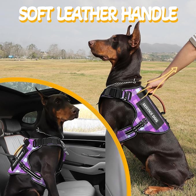Tactical Dog Harness - HEYCAHVA Service Dog Vest Full Metal Buckles Dog Vest for Medium Large Dog Reflective No Pull Dog Harnesses Vest with Leather Handle, Hook & Loop for Hiking Training (Purple, L)