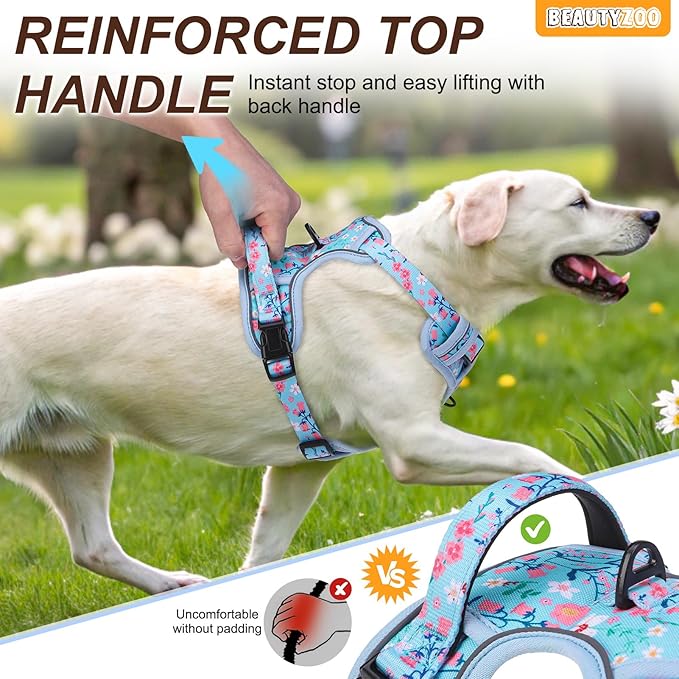 BEAUTYZOO No Pull Dog Harness Large, Adjustable Dog Harness and Leash Set -Easy Wearing with 3 Buckles/Control Handle,No Choke Soft Padded Reflective Pet Vest for Training Walking Hiking,Blue L