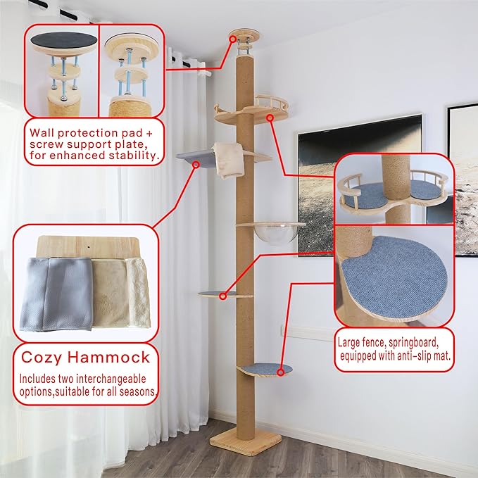Floor to Ceiling Cat Tree Height (50-117,32 in) Adjustable Cat Tower 5 Tier Hemp Scratching Post High Cat Tree Sturdy Activity Tree Indoor Outdoor Cat Scratching Post Activity Center