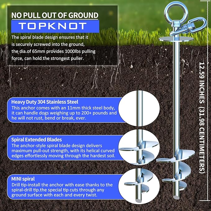 TOPKNOT Dog Tie Out Cable and Stake,(up to 200lbs) 20FT Heavy Duty Cable,360°Swivel Run Anchor- No Tangle,Dog Runner for Yard,Ideal for Outdoor Camping