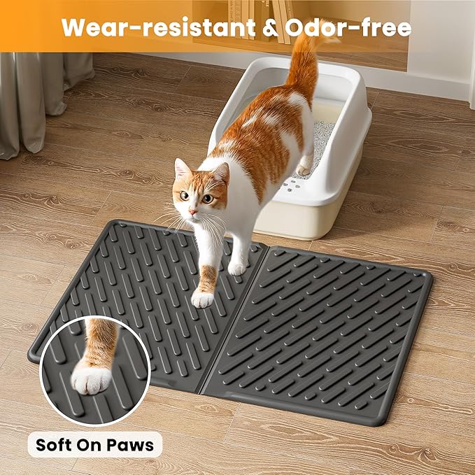 Pieviev Cat Litter Box Mat, 24"x 17" EVA Scratch Resistant Litter Trapping Mat, Easy Clean for Scatter Control, Soft on Kitty Paws, Waterproof & Urine Proof for Indoor Use, Black