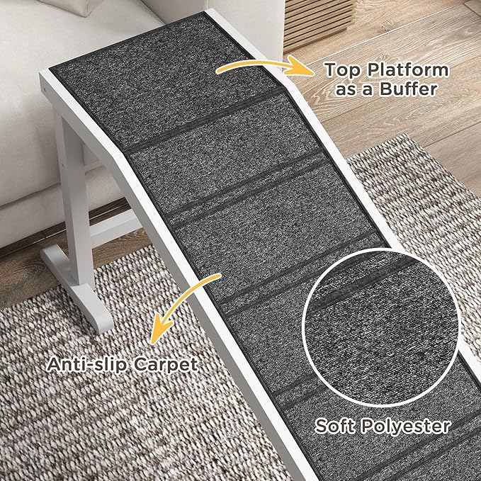 PawHut Dog Ramp for Bed, Pet Ramp for Dogs with Non-Slip Carpet and Top Platform, 74" x 16" x 25", White