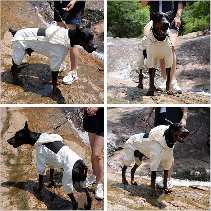 LOVELONGLONG Waterproof Dog Raincoat with Removable Hood – Outdoor Full Body Dog Jacket, Windproof Snowproof Shell Suit – All Season Pet Rain Gear Ivory S