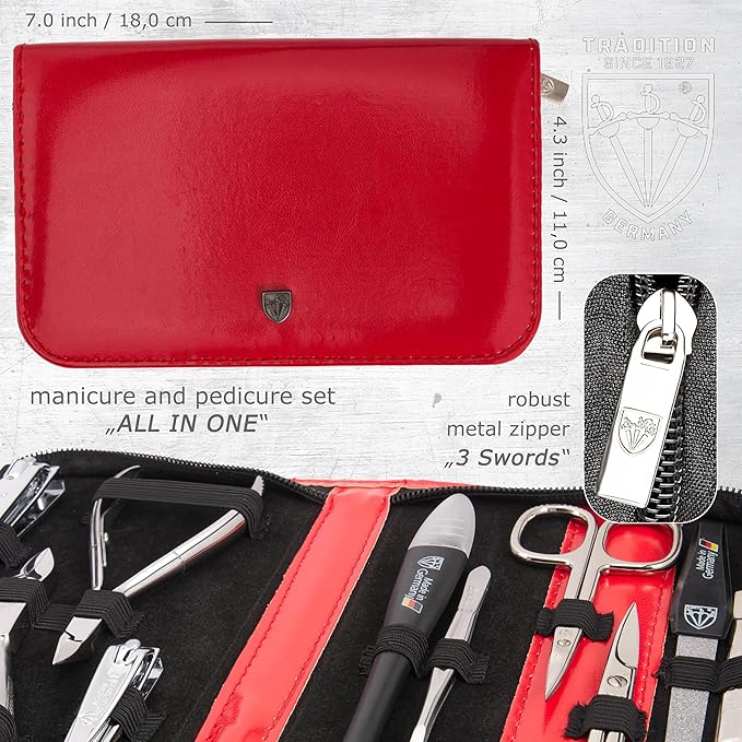 3 Swords Germany - brand quality 10 piece manicure pedicure grooming kit set for professional finger & toe nail care scissors clipper fashion leather case in gift box, Made by 3 Swords (03614) Red