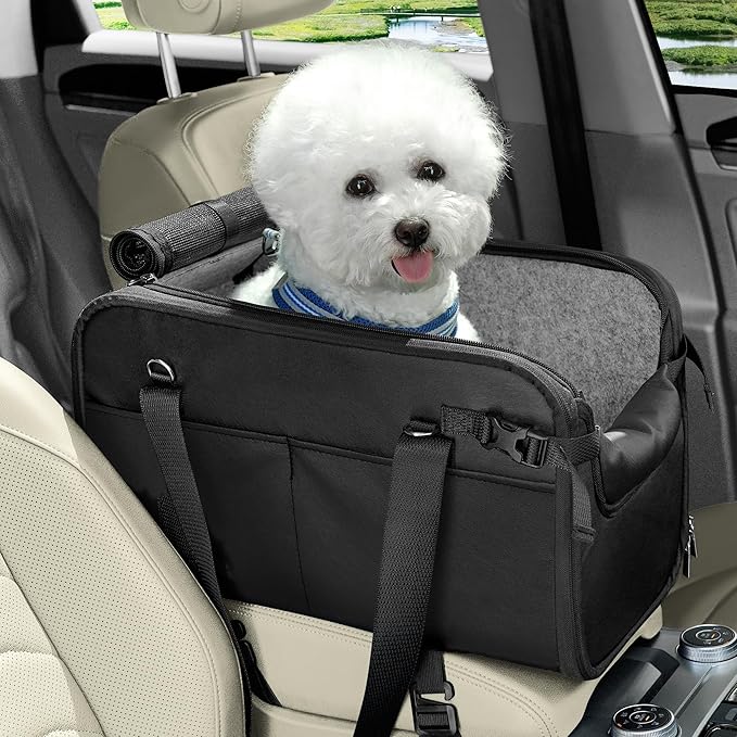 YUDODO Large Dog Car Seat for Center Console (Width＞9.5in) Fits 10-20lbs, Anti-Slip Puppy Cat Travel Portable Booster Seat, Luxury Pet Car Bed Carseat PU Leather Black