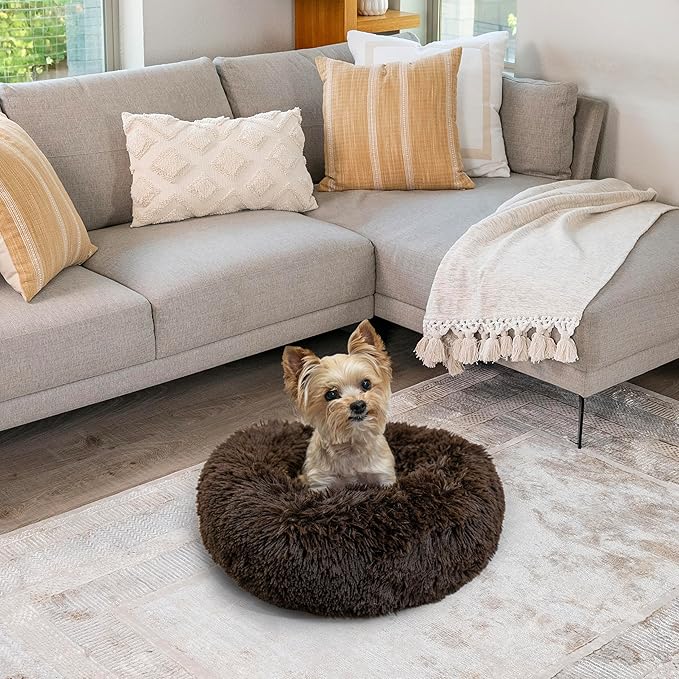 Best Friends by Sheri Original Calming Donut Dog and Cat Bed, Shag Faux Fur, Dark Brown, XS (18in x 18in) - Anxiety Relief for Pets Up to 10 lbs