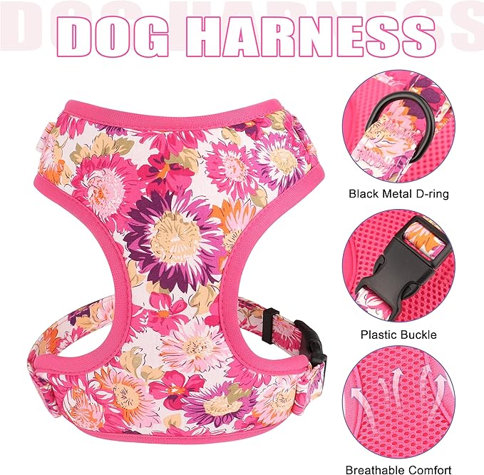 Beirui Cute Girl Dog Collars, Harnesses & Leashes Set - Adjustable Dog Collar and Leash Set with Flower - Soft Mesh Dog Vest Harness for Puppies Small Medium Dogs (Pink-2,XS)