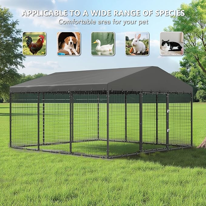 10×10×6 FT Large Outdoor Dog Kennel,Heavy Duty Dog Cage with Double Locks,Outdoor Dog Kennel with UV-Resistant Waterproof Roof Cover for Outside