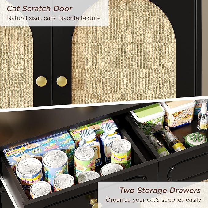 Cat Litter Box Enclosure Furniture, Wooden Hidden Litter Box Furniture with Double Rattan Scratching Board Doors, 2 Drawers, Litter Box Cabinet, Cat Cabinet, Black