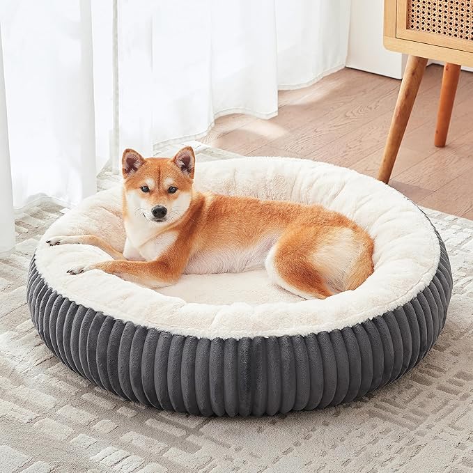33 inches Donut Dog Bed for Medium Large Dogs,Calming Round Pet Bed with Removable Cover,Washable Milk Plush Faux Fur, Fits up to 50 lbs Pets(Dark Grey,M Plus)