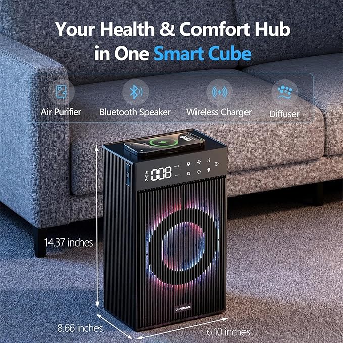CleanForce Cube | 4-in-1 Desk Smart Air Purifier with Wireless Charger, Bluetooth Speaker & Cordless Diffuser | for Home Office, Bedroom | FCC Certified | Quiet & Space Saving