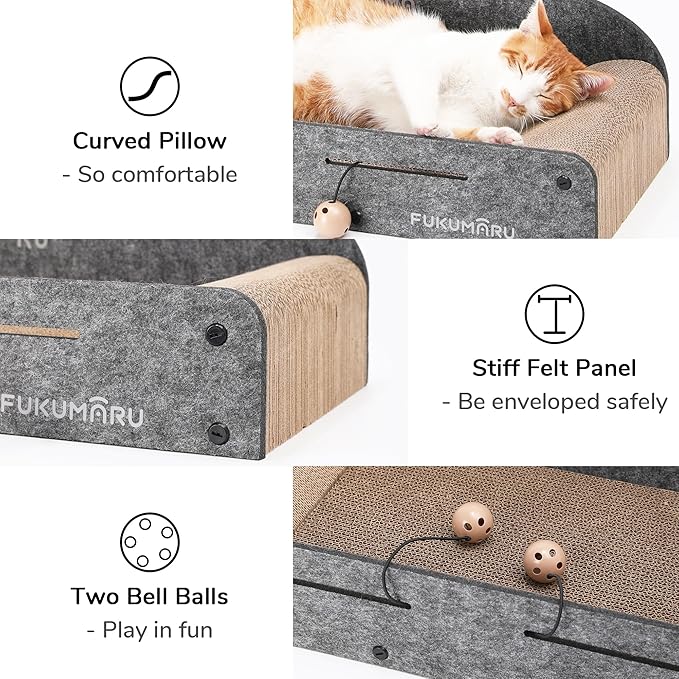 FUKUMARU 26 Inch Cat Scratcher Cardboard Lounge Bed, 2 Reversible Cat Scratch Pads Refill for Indoor Cats, Durable Cats Scratching Boards Extra Large Lounger Bed Sofa Couch with Ball Toy, Grey