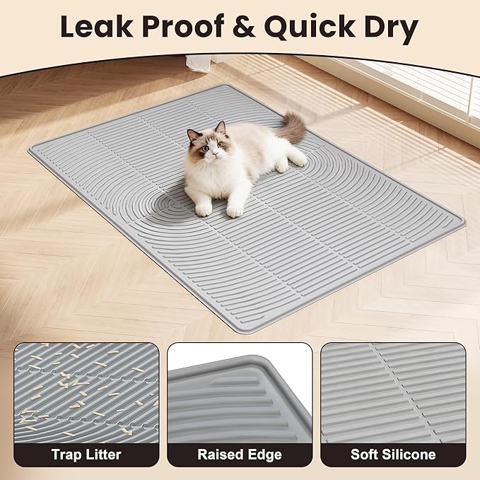 Cat Litter Mat, 40" x 28" Extra Large Silicone Litter Box Mat for Floor, Pet Trapping Litter Rug Pad, Soft Cat Paws, Easy to Clean, Waterproof/Urine-Proof, Garbage Recyclable (Gray)