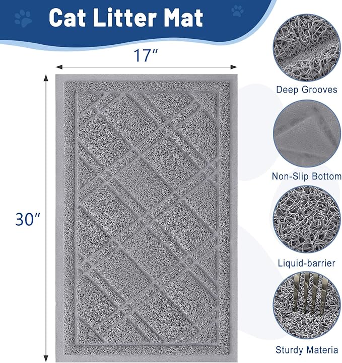 Smiry Cat Litter Box Mat 30x17, Non-Slip Water Resistant Litter Trapping Mat, Easy Clean Less Waste and Urine-Locking Cat Carpet for Indoor, Grey