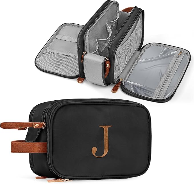 YOOLIFE Mens Travel Bag Toiletry - Christmas Gifts for Men Dad Boyfriend Husband, Personalized Birthday Gifts for Men Women Initial Black Toiletry Bag Travel Birthday Gift Dopp Kit Letter J Black