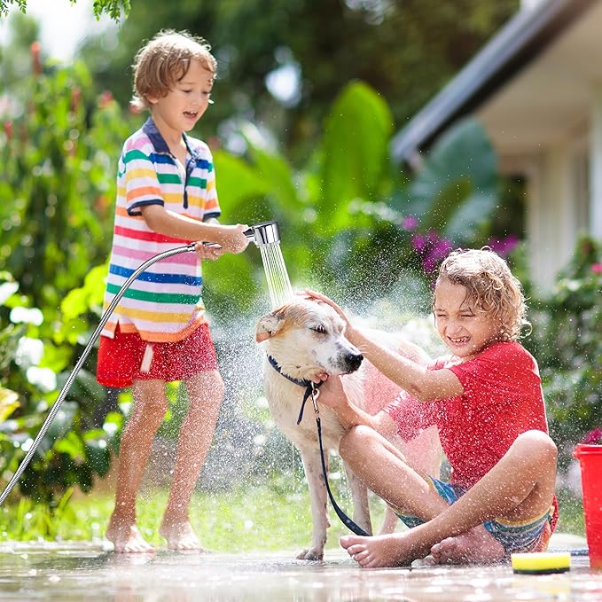 3 Mode Dog Shower Attachment, High Pressure Handheld Sprayer with ON/OFF Switch, 3/4 GHT Female Connector, 100 Inches Stainless Steel Hose, for Outdoor Pet Bathing and Washing