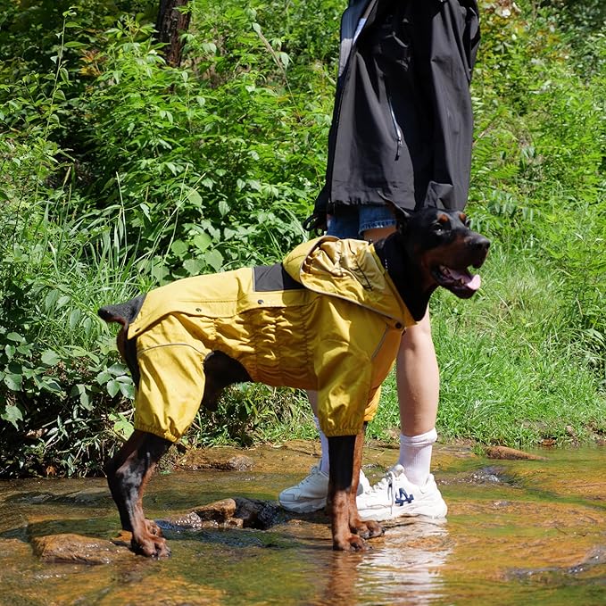LOVELONGLONG Waterproof Dog Raincoat with Removable Hood – Outdoor Full Body Dog Jacket, Windproof Snowproof Shell Suit – All Season Pet Rain Gear Mustard Yellow XS