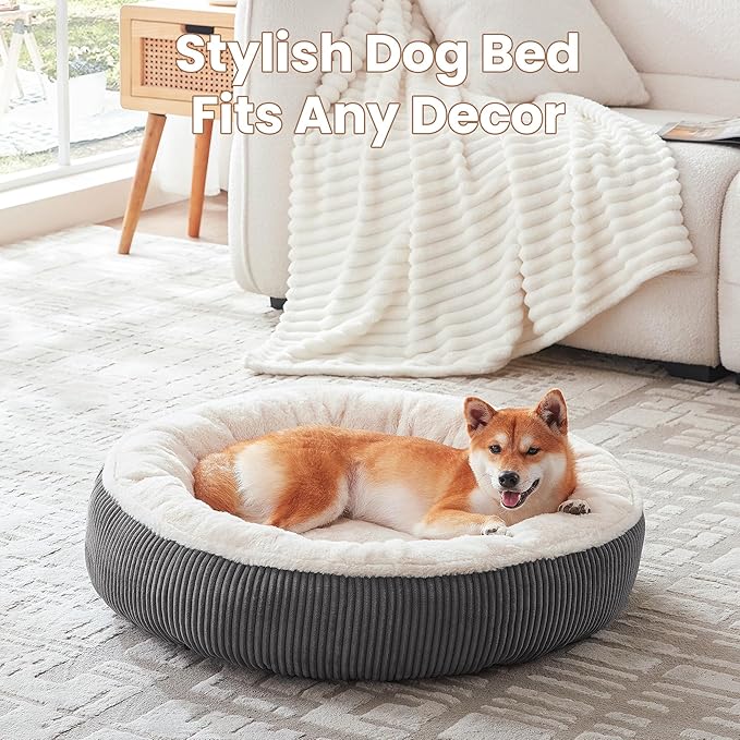 33 inches Donut Dog Bed for Medium Large Dogs,Calming Round Pet Bed with Removable & Washable Cover,Plush Faux Fur & Corduroy, Fits up to 50 lbs Pets(Dark Grey,M Plus)