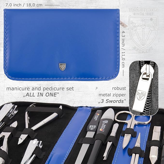 3 Swords Germany - brand quality 11 piece manicure pedicure grooming kit set for professional finger & toe nail care scissors clipper fashion leather case in gift box, Made by 3 Swords