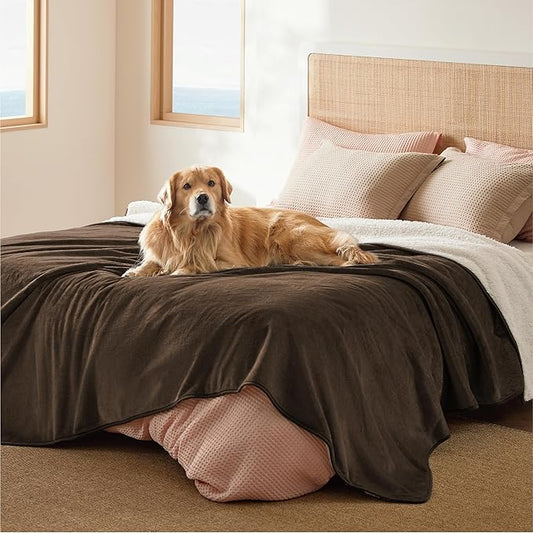 Bedsure Waterproof Blanket for Bed - Sherpa Fleece Waterproof Dog Blankets for Large Dogs, Pet Blankets for Bed/Couch/Dog Crate, Soft Plush Reversible Furniture Protector, Queen Size, 90"x86", Brown