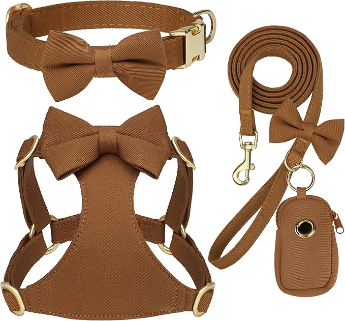 Beirui Cute XXS Dog Harness Set with Three Detachable Bows, Adjustable Step in Dog Harness Collar and Leash Set with Secure Metal Buckle for Daily Walking, Parties & Holiday Outfits(Brown,XXS)