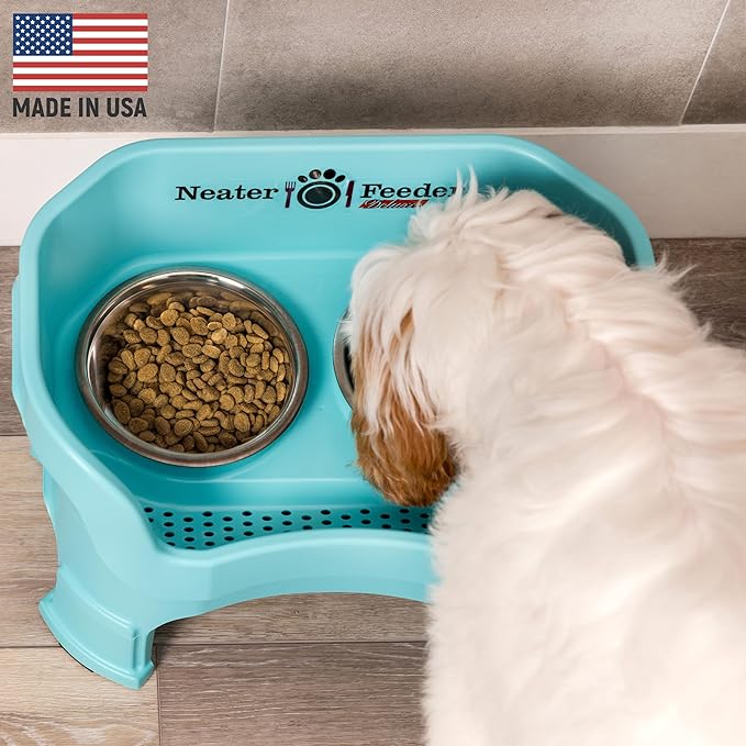 Neater Feeder Deluxe Mess Proof Dog Bowls Elevated Medium Sized Dogs (19-40 lbs) Made in USA, No Spill Raised Dog Food Bowl Stand w/Leg Extension, Stainless Steel Food and Water Bowl Set, Aquamarine