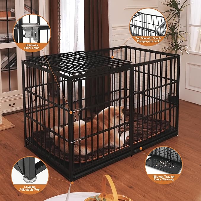 61 Inch Heavy Duty Dog Crate Indestructible and Escape-Proof Dog Crate Cage Kennel for Large/Medium Dogs Extra Large XL XXL with Mat Removable Tray Double Door