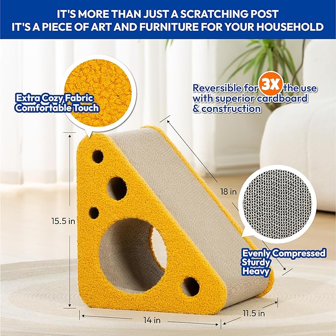 360° Reversible Cat Scratching Post, Cat Scratchers Indoor Cats, Premium Cardboard Cat Scratching Board with Cute Cheese Design and Multiple Scratching Angles, Large