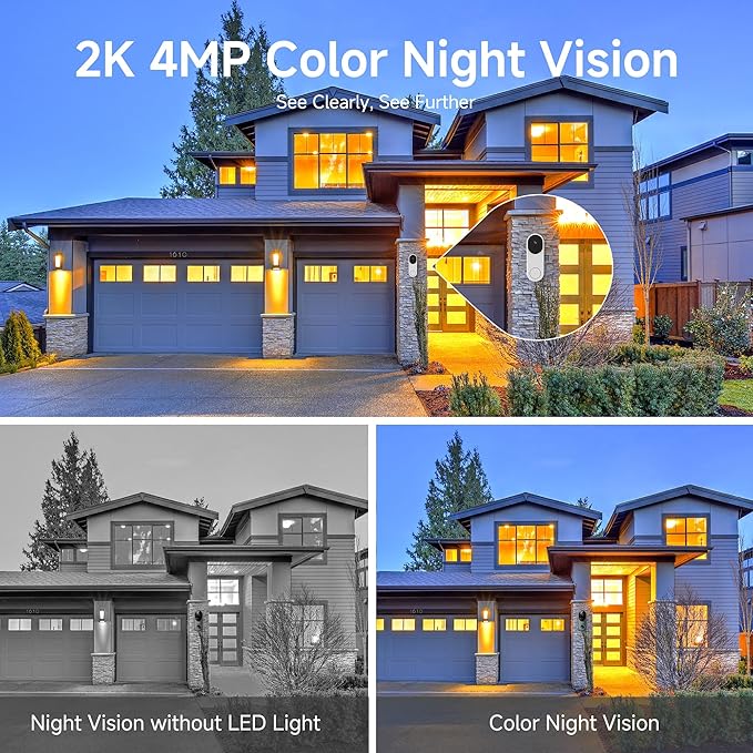 Noorio 2K Solar Security Camera Wireless Outdoor, Fixed Solar Panel/Battery Powered, 4MP, 2.4G/5G WiFi, 360° View, AI Human Detection, Color Night Vision, 2-Way Audio, IP65, for Home Security