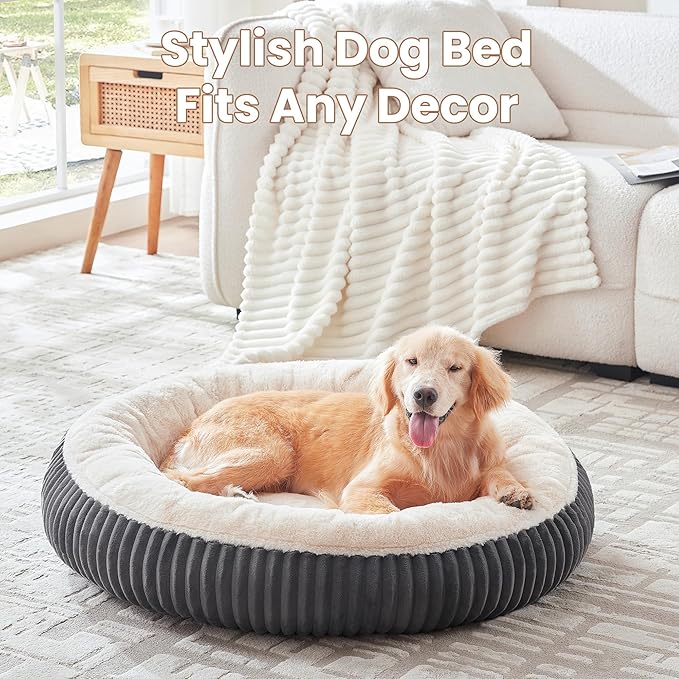 36 inches Donut Dog Bed for Large Dogs - Calming Round Pet Bed with Removable Cover,Washable Milk Plush Faux Fur, Fits Pets up to 80 lbs(Dark Grey,Large)