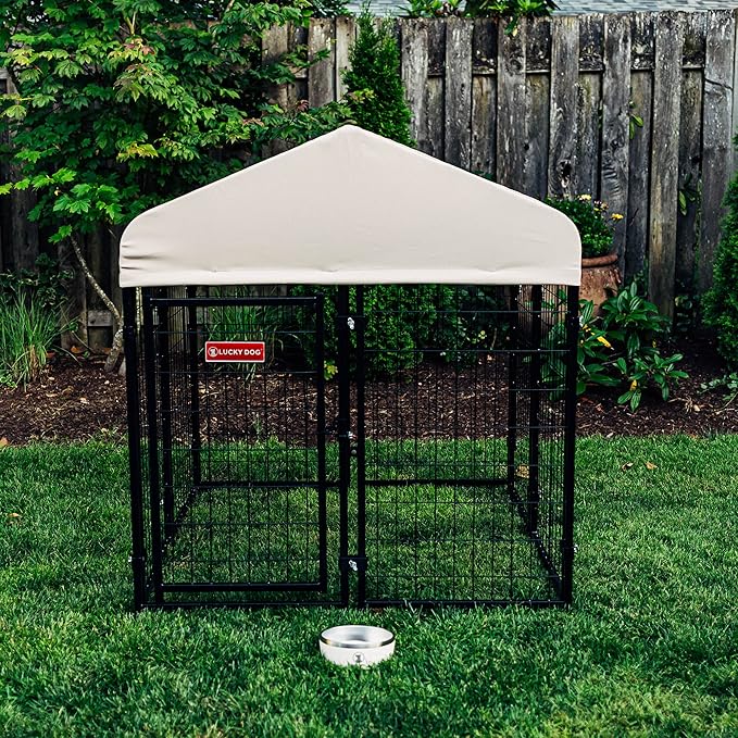 Lucky Dog Stay Series 4 by 4 by 4.3 Feet Studio Jr. Black Powder Coat Steel Frame Outdoor Dog Kennel with Waterproof Canopy Roof and Gate Door, Khaki