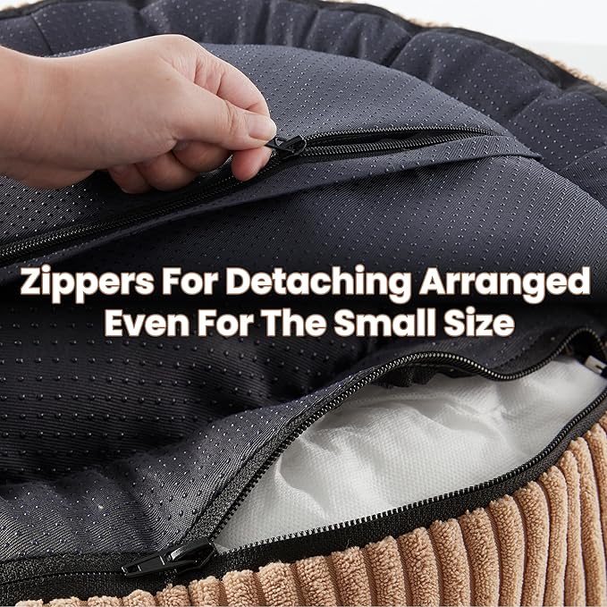 23 inches Donut Dog Bed for Small Dogs - Calming Round Puppy Bed with Removable &Washable Cover, Plush Faux Fur & Corduroy Pet Bed for Cats, Fits Pets up to 15 lbs(Brown,Small)