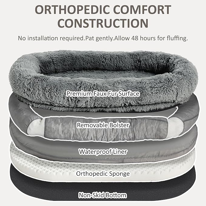 71" Human Dog Bed for Adult, Giant Orthopedic Memory Foam Dog Sofa Bed, Large Oversize Washable Faux Fur Pet Couch with Plump Pillow, Blanket, Strap - Dark Grey