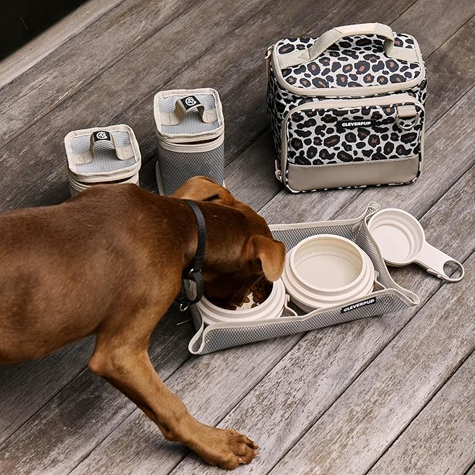 Small 7-Piece Bistro Box Dog Food Travel Kit, 6-Cup Kibble Storage, 2 Silicone Bowls, Mat & Scoop - Premium Portable Pet Food Kit for Weekends, Overnights, Daycare & Camping, Leopard
