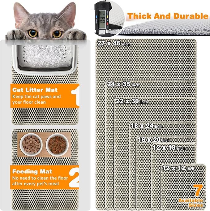 Waterproof Cat Litter Mat, Double Layer EVA, Odor-Free Large Grid, Urine Proof, Easy Cleanup (Khaki, 18 x 24)