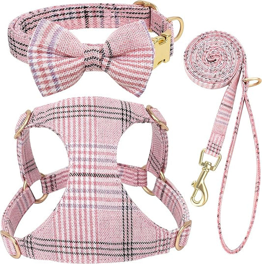 Beirui Cute Small Dog Harness Collar and Leash Set with Bowtie, Soft Adjustable Plaid Puppy Harness for Small Sized Dogs Cats Walks Parties and Photoshoots(Pink,S:Chest 17-23")