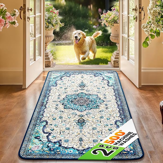 Hompet 2 Pack Super Absorbent Dog Door Mat for Muddy Paws, Washable Pee Pads for Dogs, Reusable Puppy Training Pads, Quick Dry Non-Slip Pet Entryway Rug, Leak-Proof Potty Pad for Indoor Floors 20x60