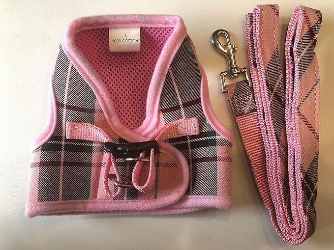 PUPTECK Soft Mesh Dog Harness and Leash Set Step-in Plaid Puppy Padded No Pull Vest Harness for XS Small Medium Sized Dogs Cats Outdoor Walking, Pink M