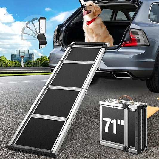 𝟐𝟎𝟐𝟓 𝐔𝐩𝐠𝐫𝐚𝐝𝐞𝐝 Dog Ramp for Car (330 lbs), Extra L71” W17” Folding Pet Ramp for Large Dogs 90° Adjustable Head, Outdoor Anti-Slip Foldable Dog Car Ramps for SUV Truck Side Door (5 Folded)