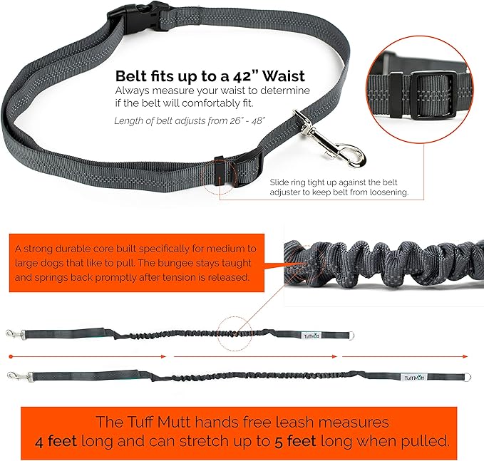Tuff Mutt Hands-Free Waist Leash for Dog Walking, Running and Hiking, Adjustable Belt with Double Handle, Reflective Bungee Design for Large & Medium Dogs