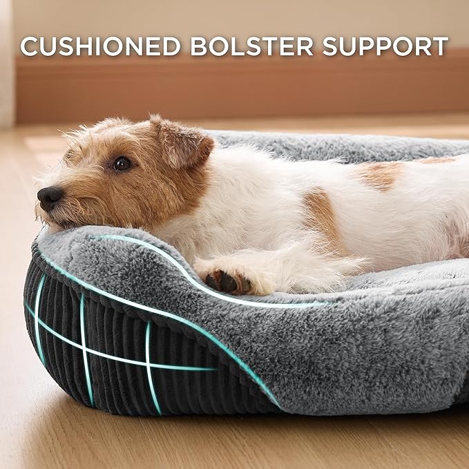 Bedsure Washable Dog Bed Small Medium Size Dog - Rectangle Fluffy Plush Pet Bed Puppy Bed, Comfy Corduroy Fleece and Nonskid Bottom,25x21x7inches,Suitable for Pet Up to 20lbs,Grey