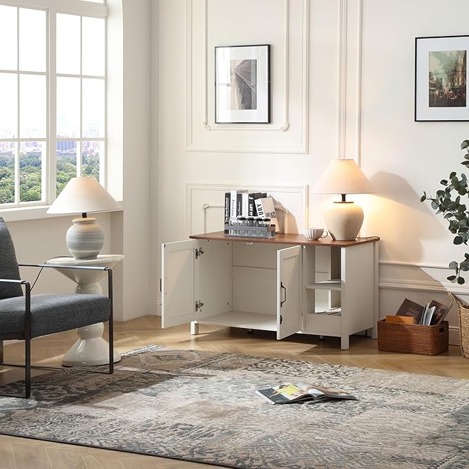 41.3'' Cat Litter Enclosure,Adjustable Shelf for Dog Proof and Storage,Locks Added for Cat,Litter Collector,Small Indoor Pet House,Antique White