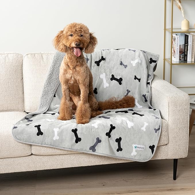 PetAmi Waterproof Dog Blanket for Small Medium Dogs, Pee Proof Pet Blanket for Couch Bed, Reversible Water Proof Blanket for Puppy Indoor Cat, Soft Dog Fleece Blankets Washable, 29x40 Bone Gray