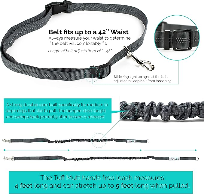 Tuff Mutt Hands-Free Waist Leash for Dog Walking, Running and Hiking, Adjustable Belt with Double Handle, Reflective Bungee Design for Large & Medium Dogs