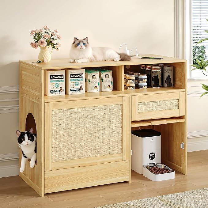 Cat Litter Box Enclosure Cabinet with Drawer, Hidden Litterbox Furniture with Storage, Boho Rattan Style Indoor Cat House Washroom, Fits Most of Litter Boxes
