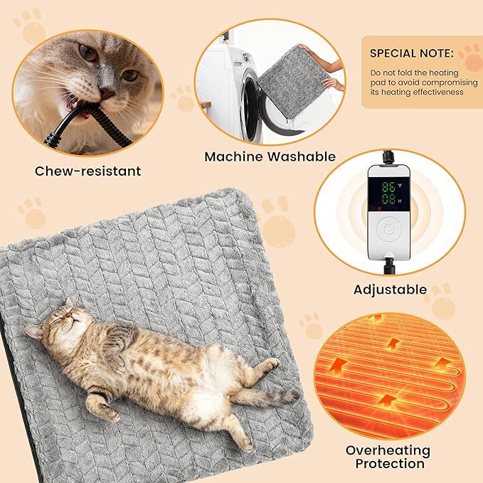 PatiencET Heated Cat Pad 18"x18" – Cat Heating Pad with 6-Temp & 5-Timer, Chew-Proof Steel Cord, Washable Warming Mat for Kittens, Small Dogs, Crate & Sofa