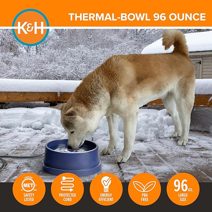 K&H Pet Products Thermal-Bowl Heated Water Bowl for Cats & Dogs Outside, Safety Listed Outdoor Heated Dog Dish for Pets, Automatic No Freeze, Anti Chew Cord - 96 Ounces Blue 25W