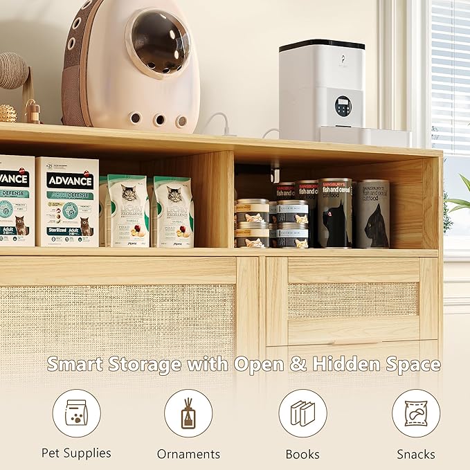 Cat Litter Box Enclosure Cabinet with Drawer, Hidden Litterbox Furniture with Storage, Boho Rattan Style Indoor Cat House Washroom, Fits Most of Litter Boxes